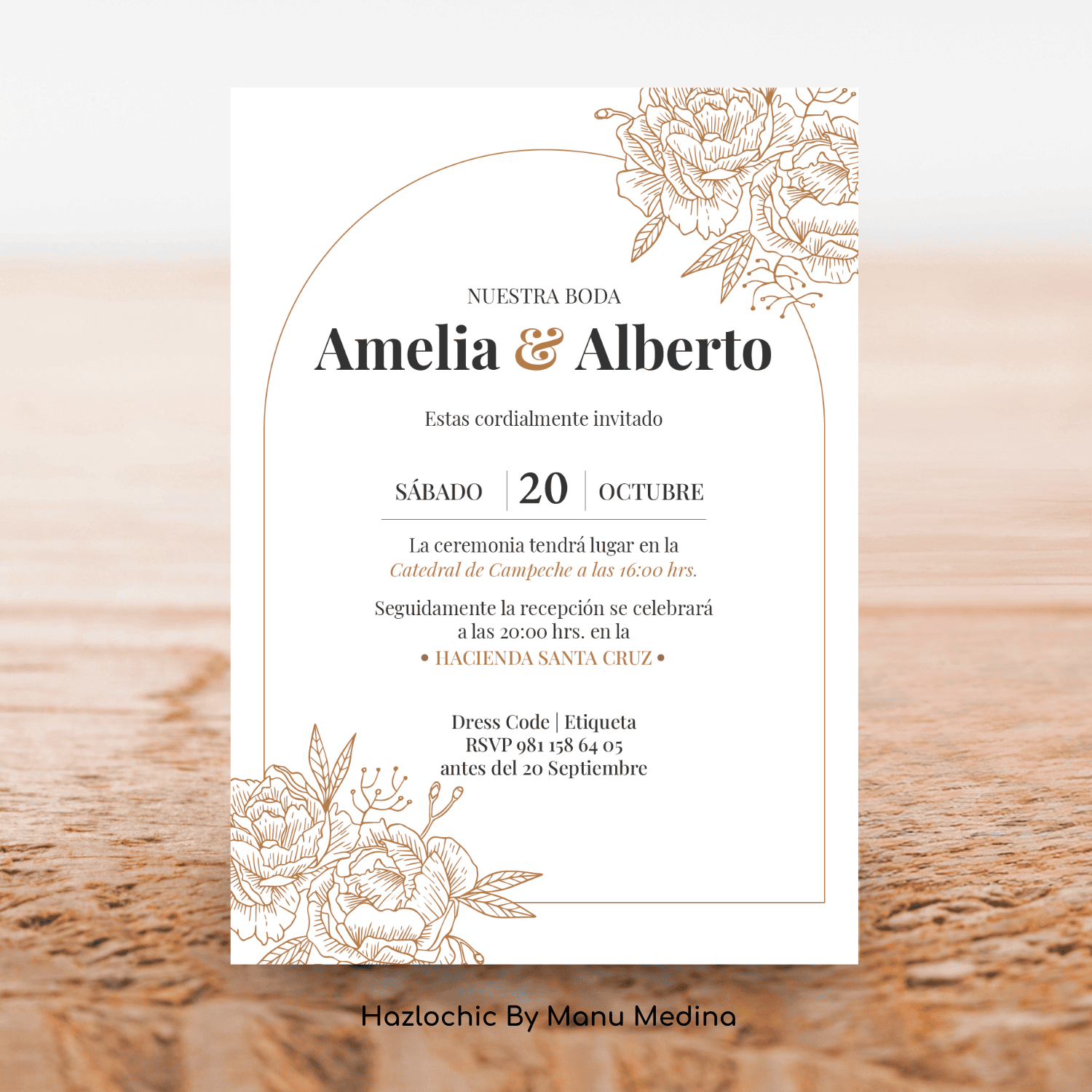 Invitación en PDF para Imprimir – Boda | Diseño Floral Elegante en Dorado - Imagen 3