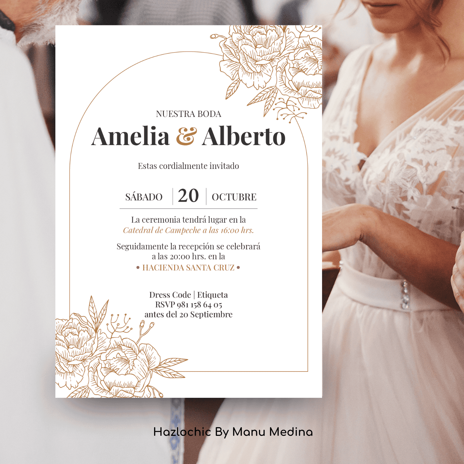 Invitación en PDF para Imprimir – Boda | Diseño Floral Elegante en Dorado - Imagen 2