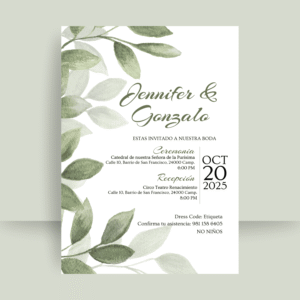 Invitación de Boda en PDF para Imprimir – Diseño Botánico Verde en Acuarela | Estilo Natural Elegante