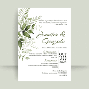Invitación de Boda en PDF para Imprimir – Diseño Botánico Verde Olivo con Versículo Bíblico
